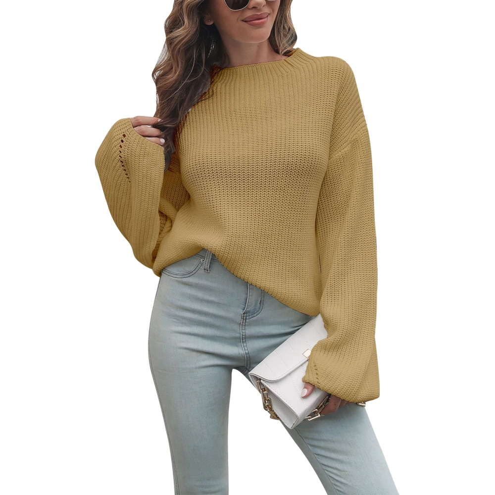 Women Knit Sweater Pure Color Long Lantern Sleeve Knit Pullover Loose Casual Sweater for Autumn Winter Wheat Yellow S