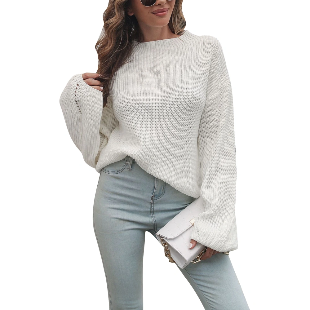 Women Knit Sweater Pure Color Long Lantern Sleeve Knit Pullover Loose Casual Sweater for Autumn Winter White M