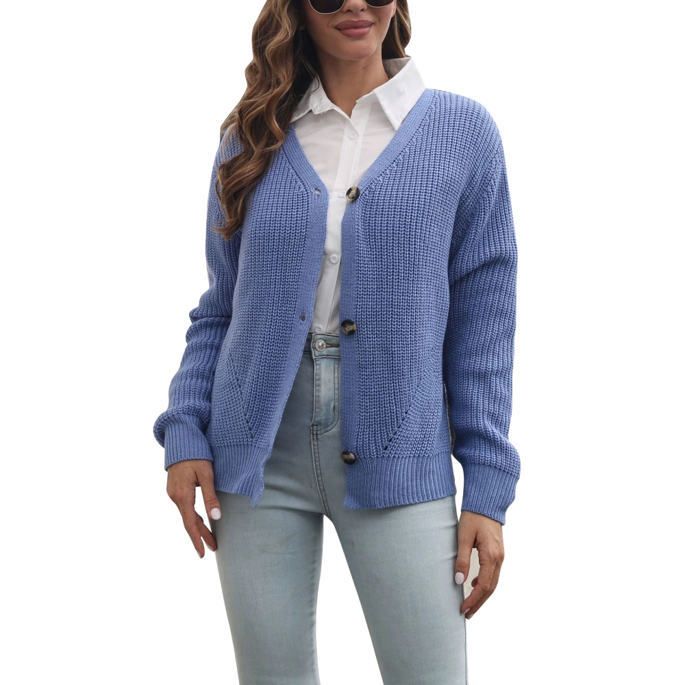 Knitting Cardigan Long Sleeve Pure Color Button Casual Fashionable Knitwear for Women Blue M