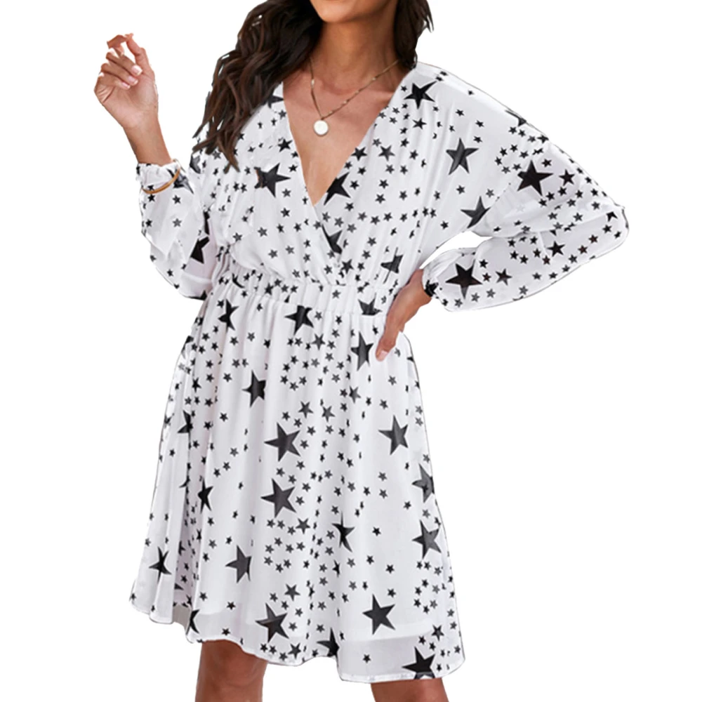 Dress Long Sleeve V Neck Star Print Elastic Waist Liner Fashionable Dress for Women White S