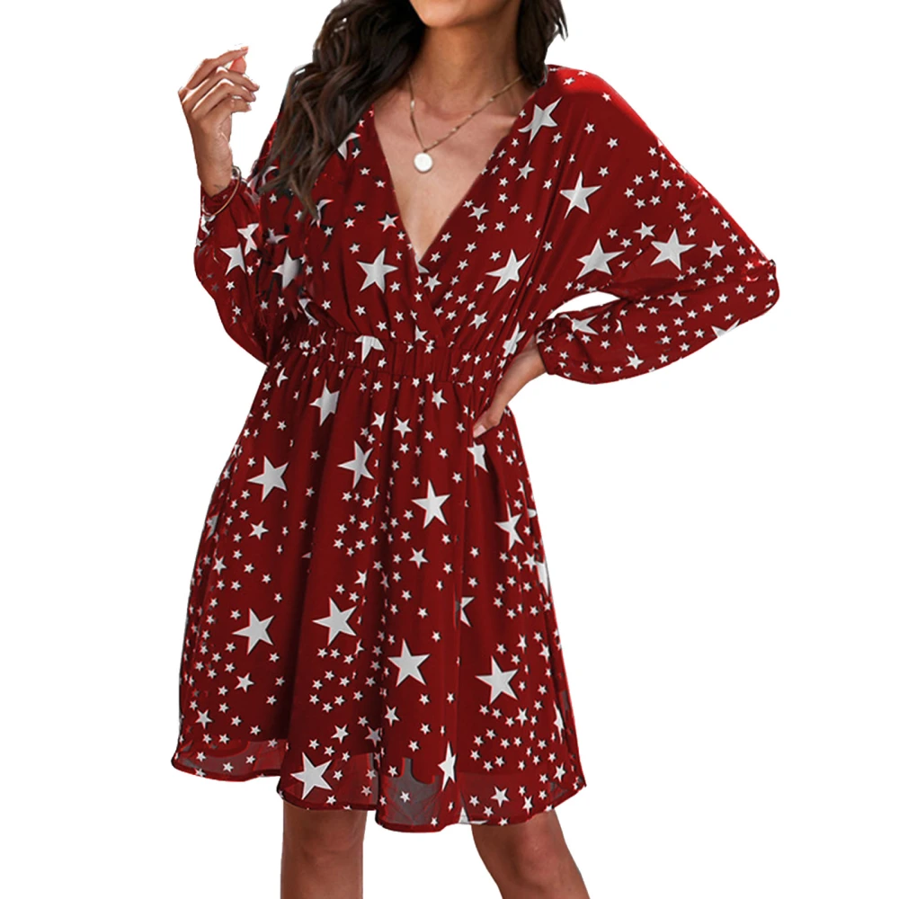 Dress Long Sleeve V Neck Star Print Elastic Waist Liner Fashionable Dress for Women Red S