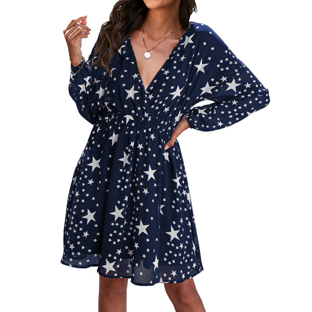 Dress Long Sleeve V Neck Star Print Elastic Waist Liner Fashionable Dress for Women Dark Blue XL