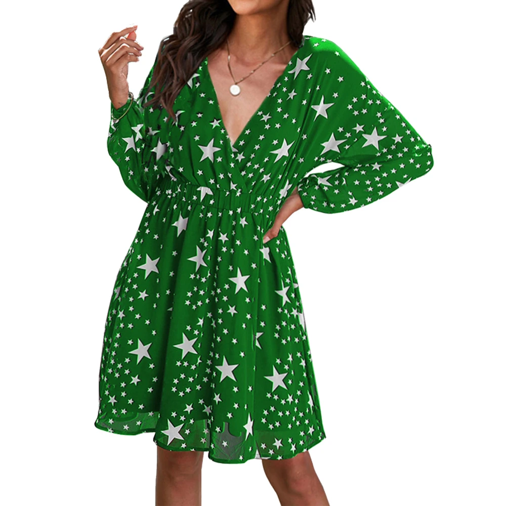 Dress Long Sleeve V Neck Star Print Elastic Waist Liner Fashionable Dress for Women Green M