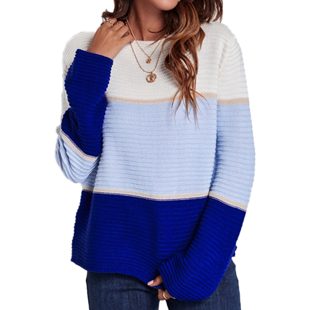 Knitted Sweater Colorblock Design Wide Stripe Round Neck Loose Long Sleeved Casual Women Top Royalblue L