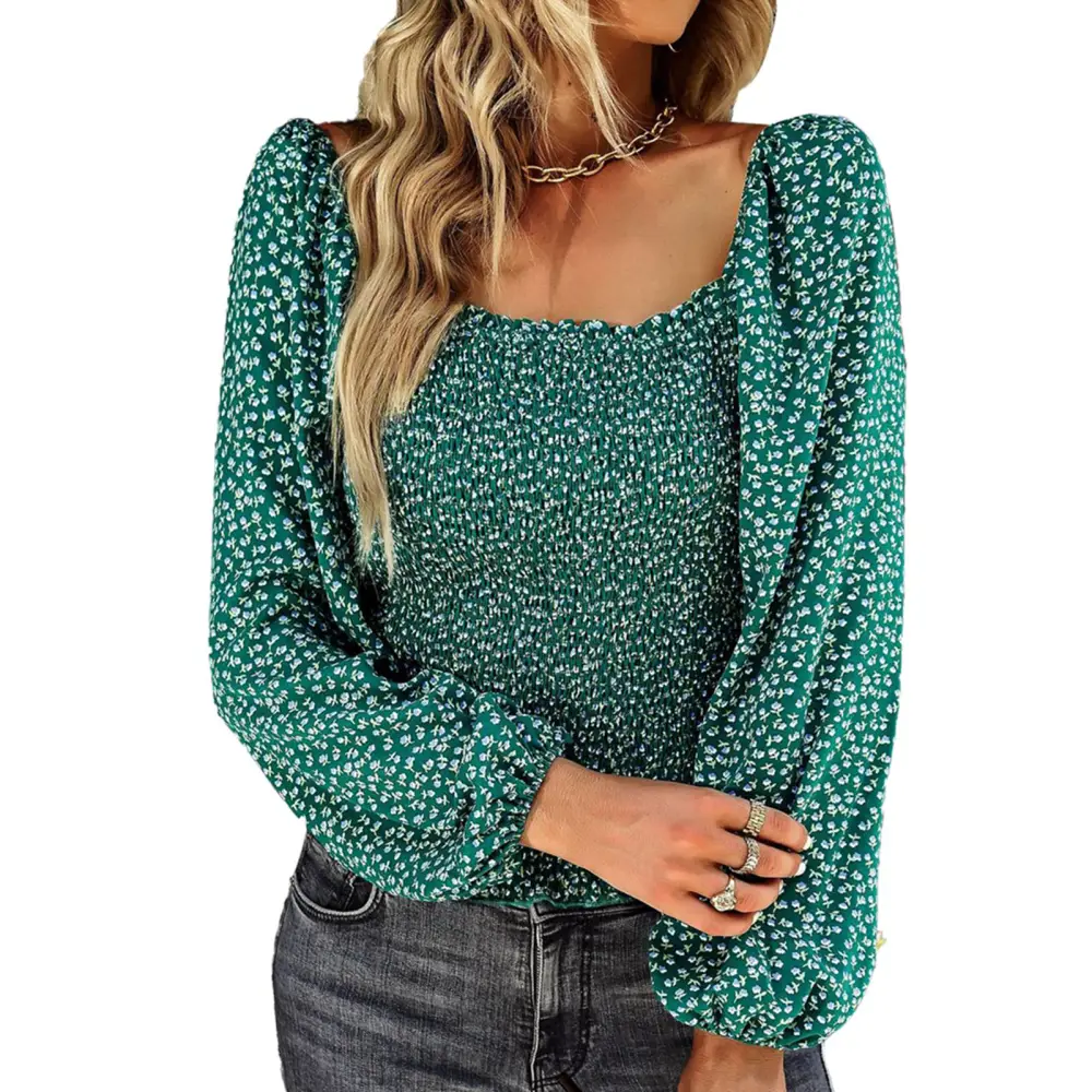 Blouse Square Neck Waist Slimming Long Sleeve Printing Fashionable Tops for Women Green M