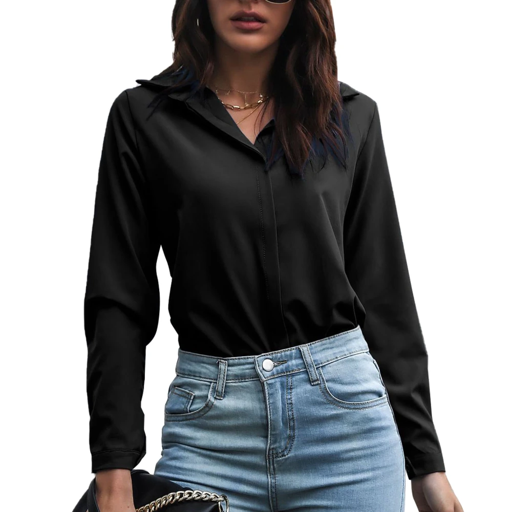 Women Blouse V Neck Long Sleeve Pure Color Soft Polyester Fiber Comfortable Women Shirt for Daily Work Black M