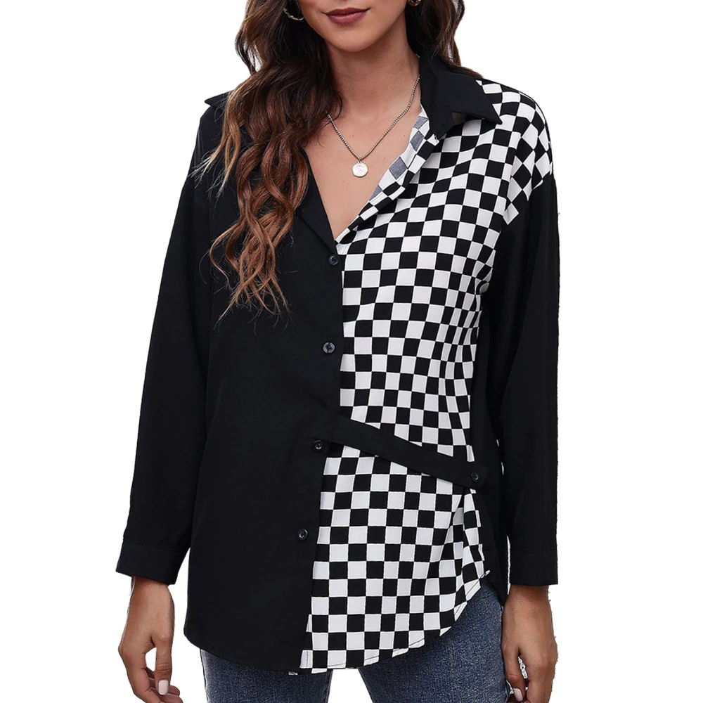 Women Shirt Long Sleeve Blouse Splicing V Neck Button Down Lapel Top for Home Office Checkered Pattern S