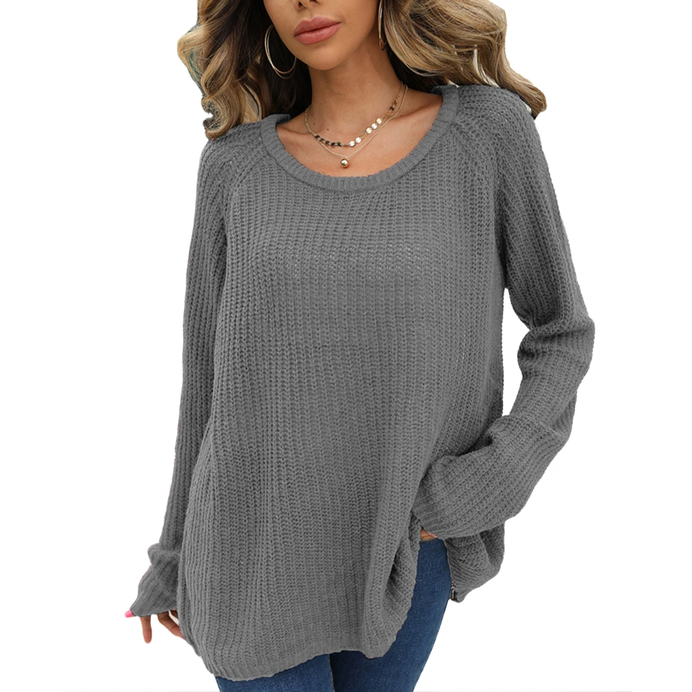 Knitted Sweater Long Sleeve Round Neck Pure Color Loose Hem Casual Sweater for Women Dark Gray L