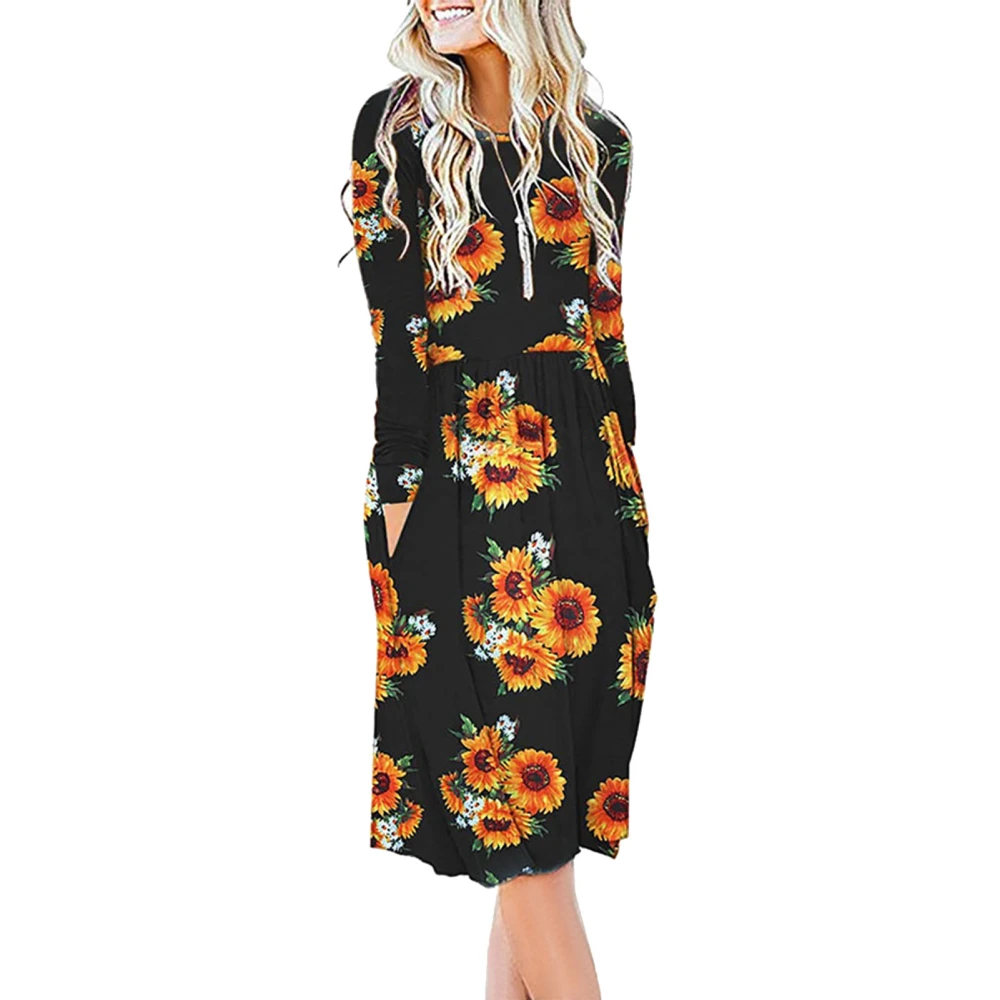 Midi Length Dress Round Neck Fashionable Stylish Long Sleeve Printing Pocket Loose Fit Dress Type 14 M