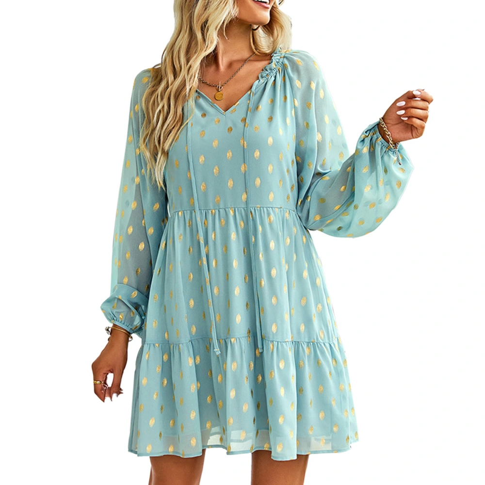 Dress V Neck Long Sleeve Drawstring Printing Flowy Fashionable Casual Dress for Women Green S