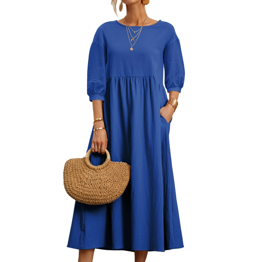 Round Neck Dress Three Quarter Balloon Sleeves Pure Color Loose Pocket Design Casual Women Dress Blue S