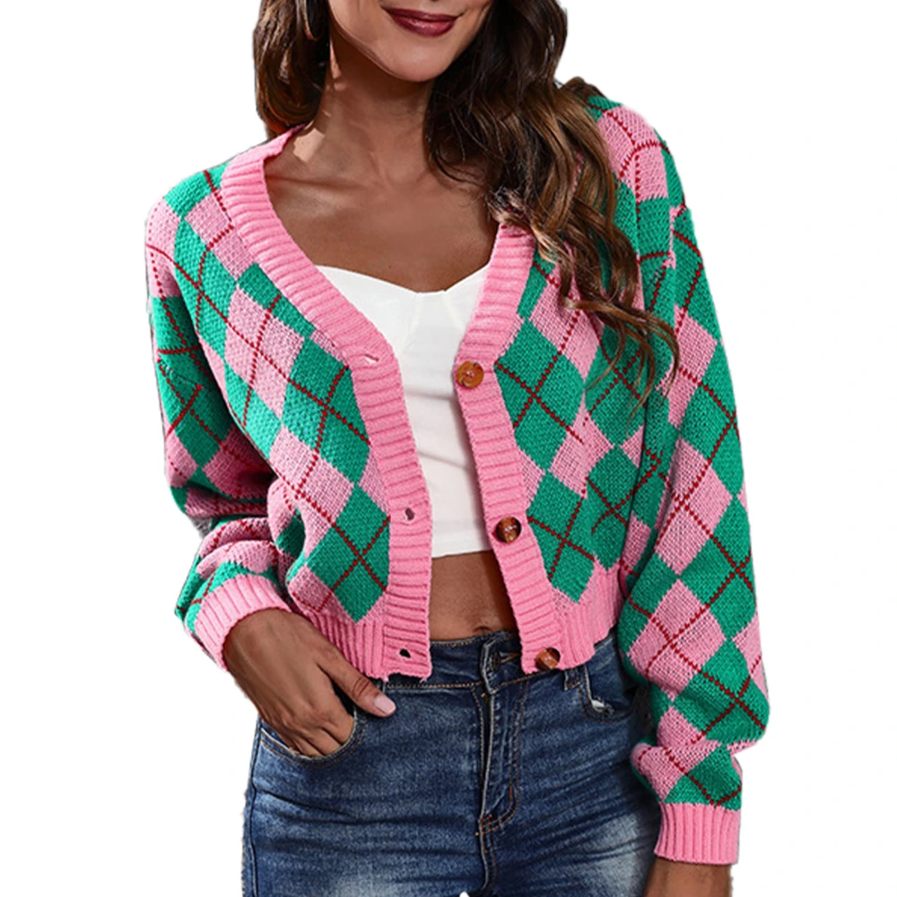 Women Long Sleeves Open Front Printed Button Down Knitted Sweater V Neck Fashionable Short Coat Outwear Pink and Green S