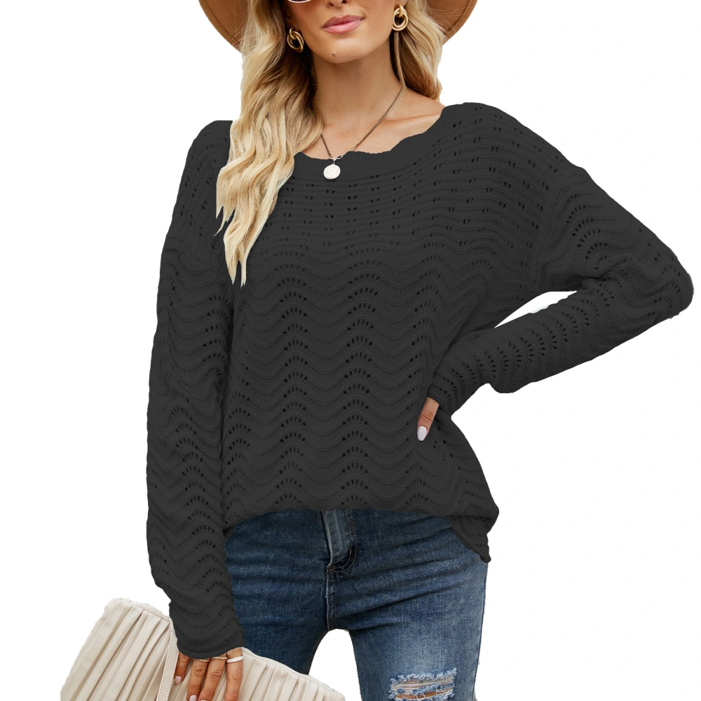 Woman Sweater Pure Color Lace Round Neck Loose Hem Hollow Out Pattern Waving Texture Breathable Sweater Black L