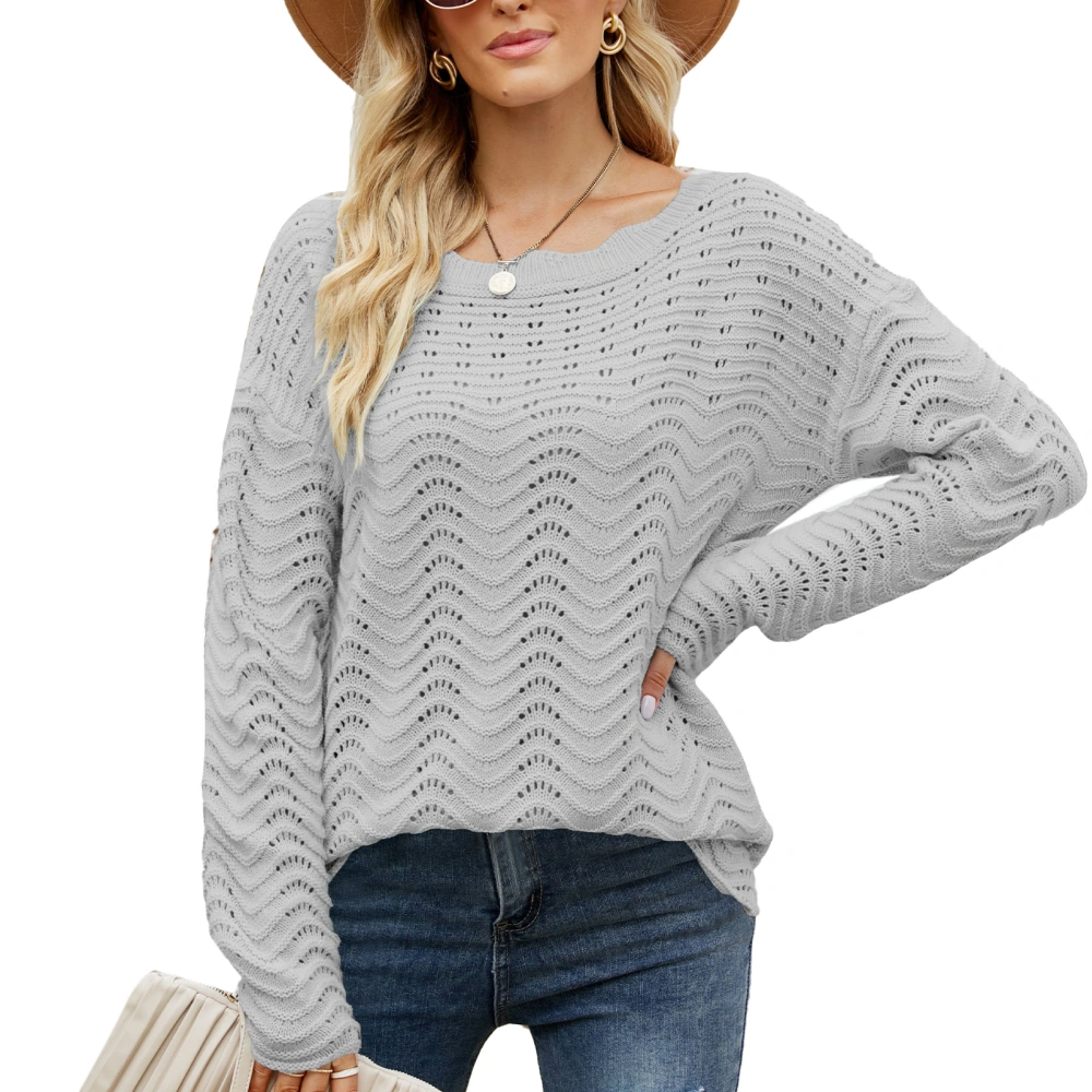 Woman Sweater Pure Color Lace Round Neck Loose Hem Hollow Out Pattern Waving Texture Breathable Sweater Gray S