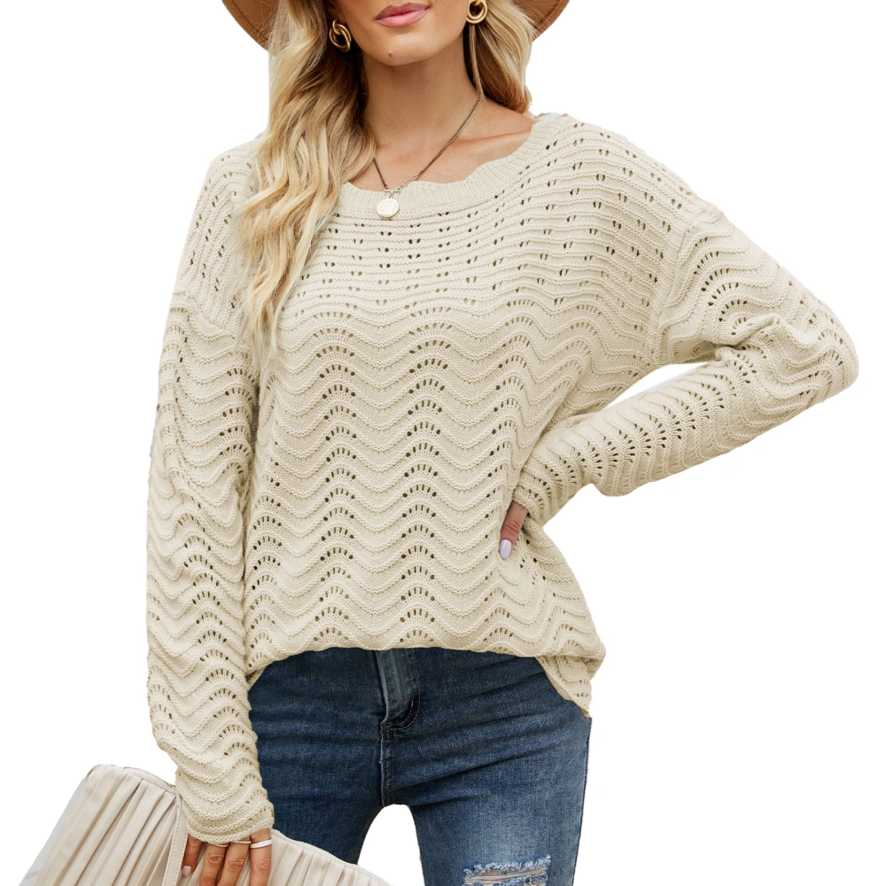 Woman Sweater Pure Color Lace Round Neck Loose Hem Hollow Out Pattern Waving Texture Breathable Sweater Apricot M