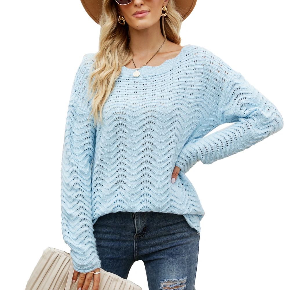 Woman Sweater Pure Color Lace Round Neck Loose Hem Hollow Out Pattern Waving Texture Breathable Sweater Light Blue XL