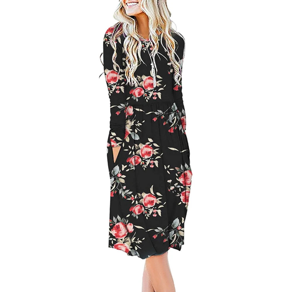 Midi Length Dress Round Neck Fashionable Stylish Long Sleeve Printing Pocket Loose Fit Dress Type 4 XL