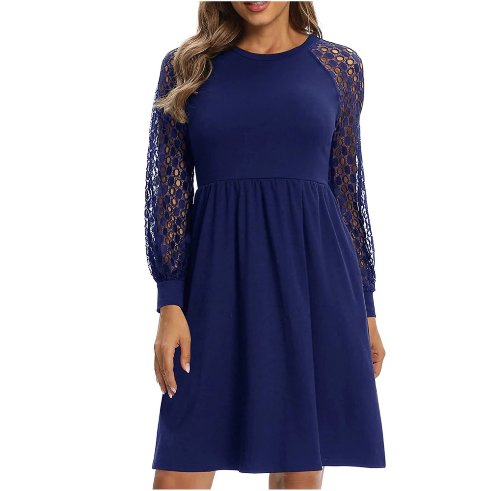 Short Dress Round Neck Lace Splicing Fashionable Elegant Women Casual Dress for Birthday Dark Blue L