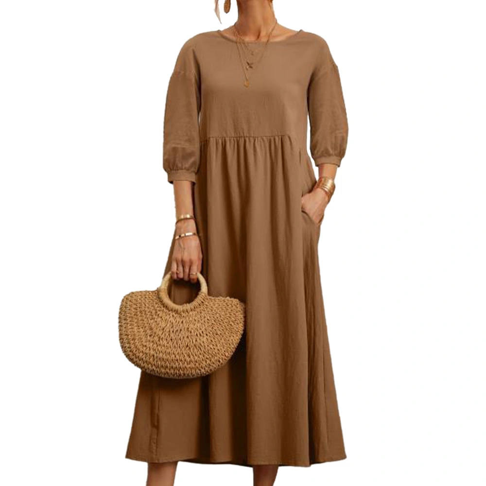 Round Neck Dress Three Quarter Balloon Sleeves Pure Color Loose Pocket Design Casual Women Dress Brown S