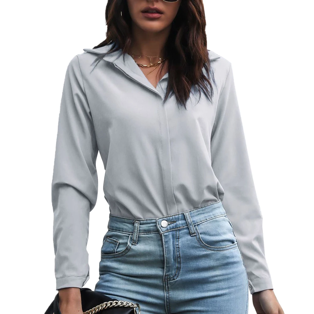 Women Blouse V Neck Long Sleeve Pure Color Soft Polyester Fiber Comfortable Women Shirt for Daily Work Grey L