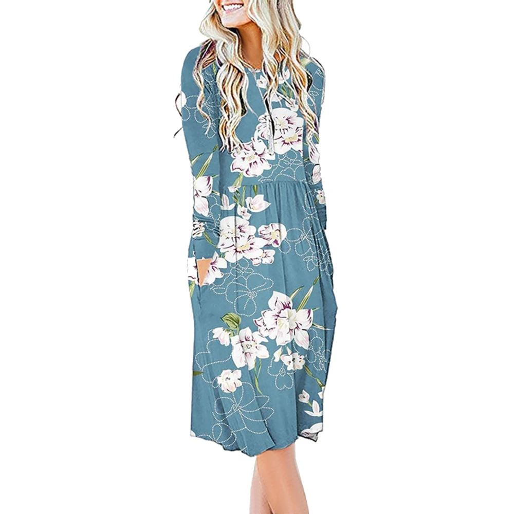 Midi Length Dress Round Neck Fashionable Stylish Long Sleeve Printing Pocket Loose Fit Dress Type 2 XL