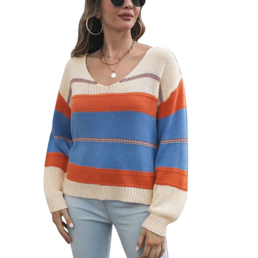 Women Long Sleeve Knit Pullover V Neck Striped Color Blocking Knitted Pullover Top Autumn Winter Casual Sweater Purple M