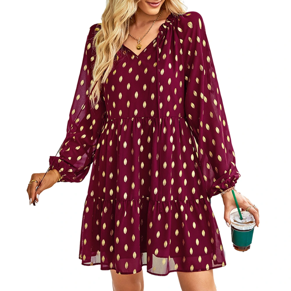 Dress V Neck Long Sleeve Drawstring Printing Flowy Fashionable Casual Dress for Women Wine Red L