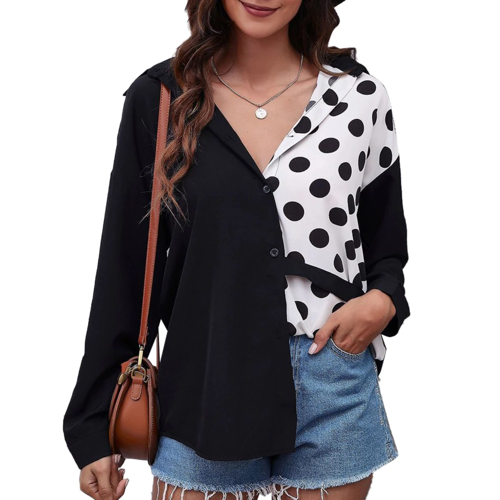 Women Shirt Long Sleeve Blouse Splicing V Neck Button Down Lapel Top for Home Office Dot Pattern XL