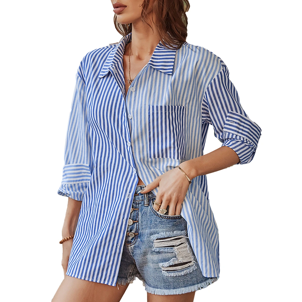 Women Long Sleeve Lapel Shirt Striped Single Breasted Shirt Casual Blouse Top for Daily and Work Blue L