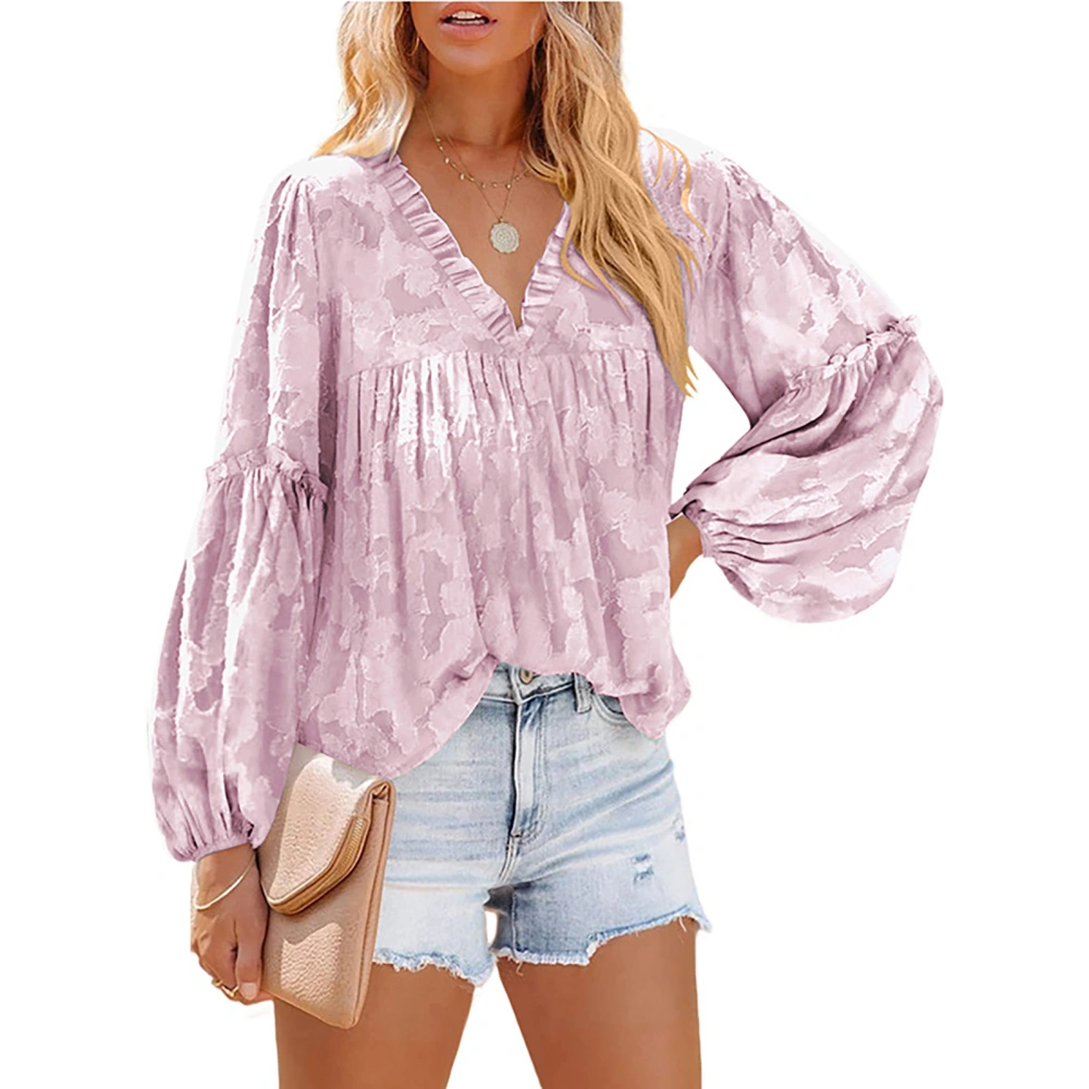 Blouse V Neck Puff Long Sleeve Print Texture Pure Color Fashionable Casual Tops for Women Light Purple XXL