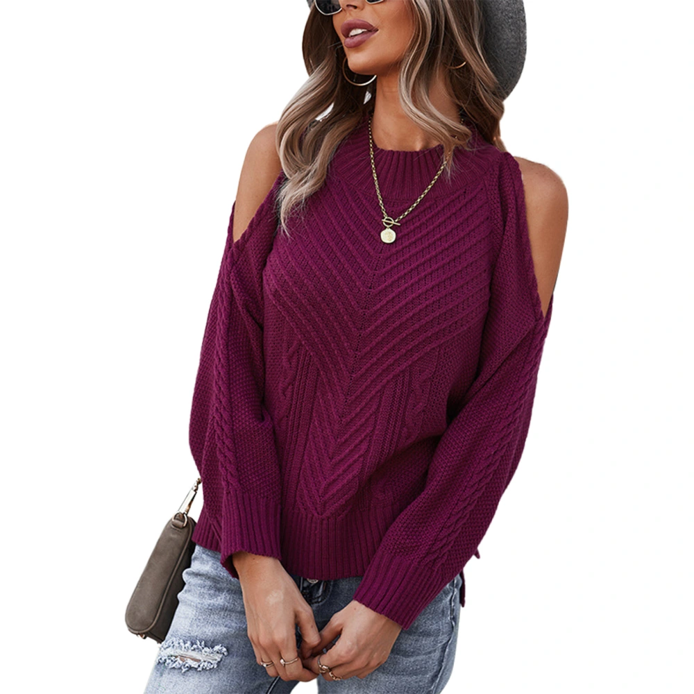 Women Sweater Long Sleeve Knitwear Round Neck Knitted Top Off Shoulder for Autumn Wine Red XL