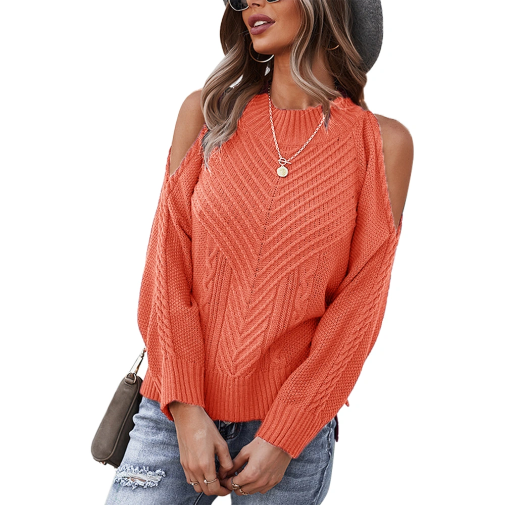 Women Sweater Long Sleeve Knitwear Round Neck Knitted Top Off Shoulder for Autumn Orange S