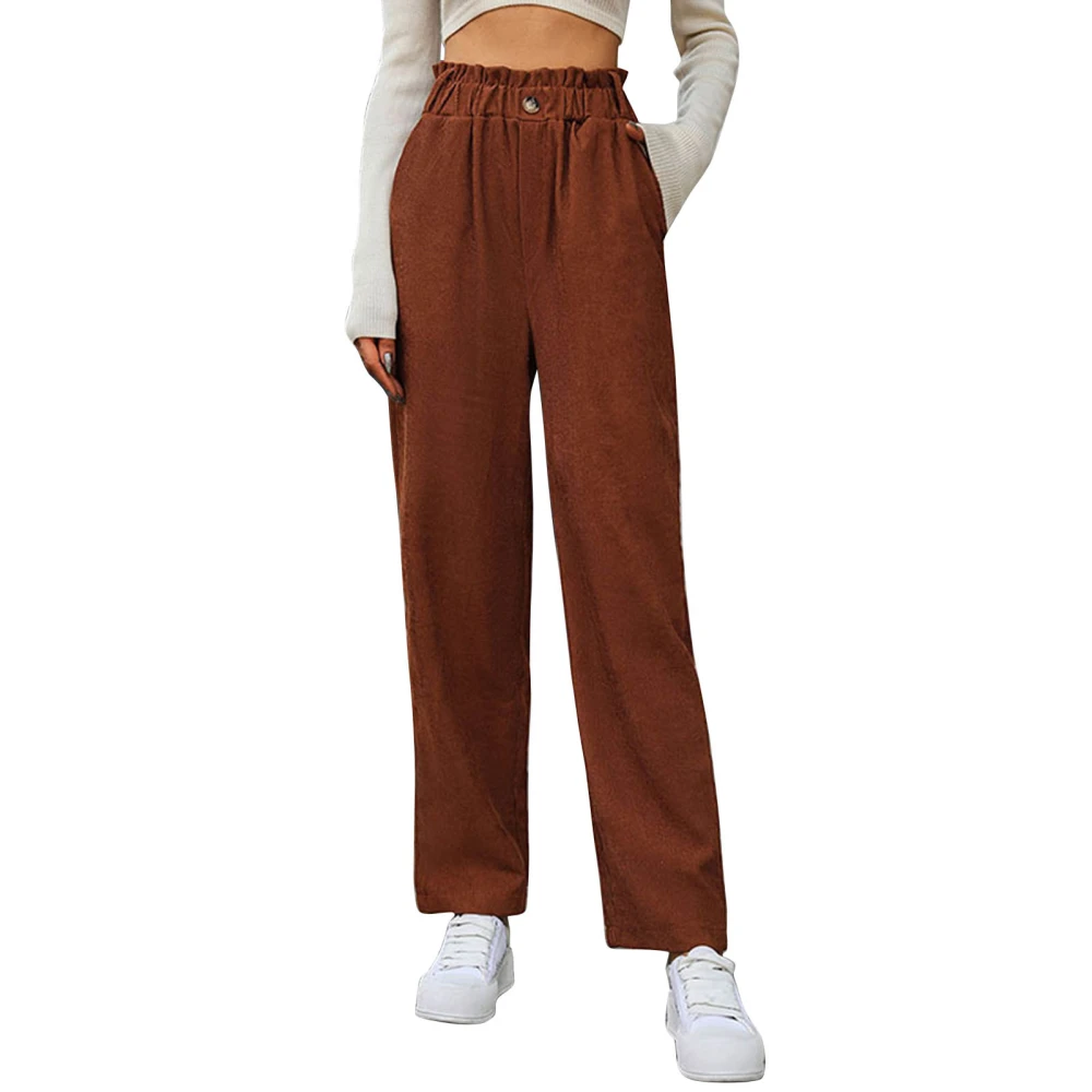 Women Corduroy Pants Straight Leg Trousers Buttoned Side Pocket Pants Frill Trim Elastic Waist Long Pants Light Tan L