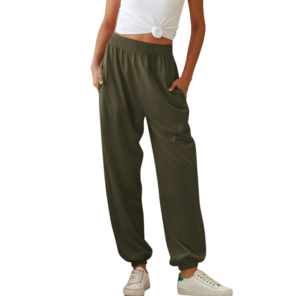 Woman Long Ankle Banded Pants Elastic Waist Pure Color Loose Casual Sporting Breathable Soft Trouser OD Green L