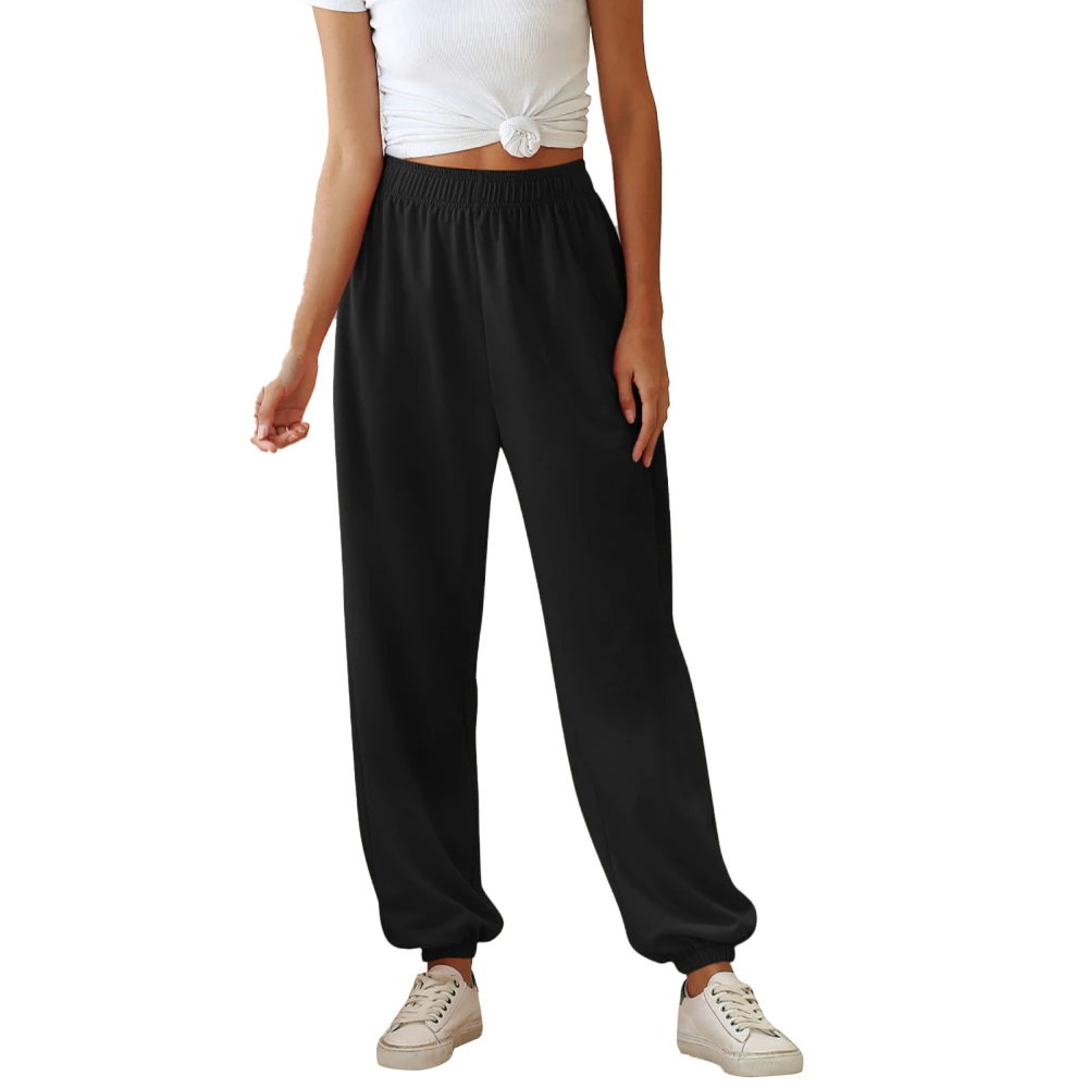 Woman Long Ankle Banded Pants Elastic Waist Pure Color Loose Casual Sporting Breathable Soft Trouser Black S