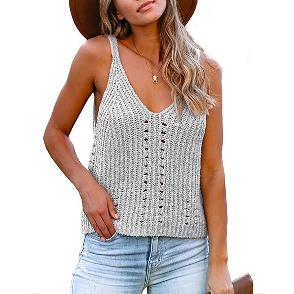 Women Pullover Shirt Sleeveless V Neck Knitted Hollow Out Breathable Pure Color Sweater for Lady Grey L