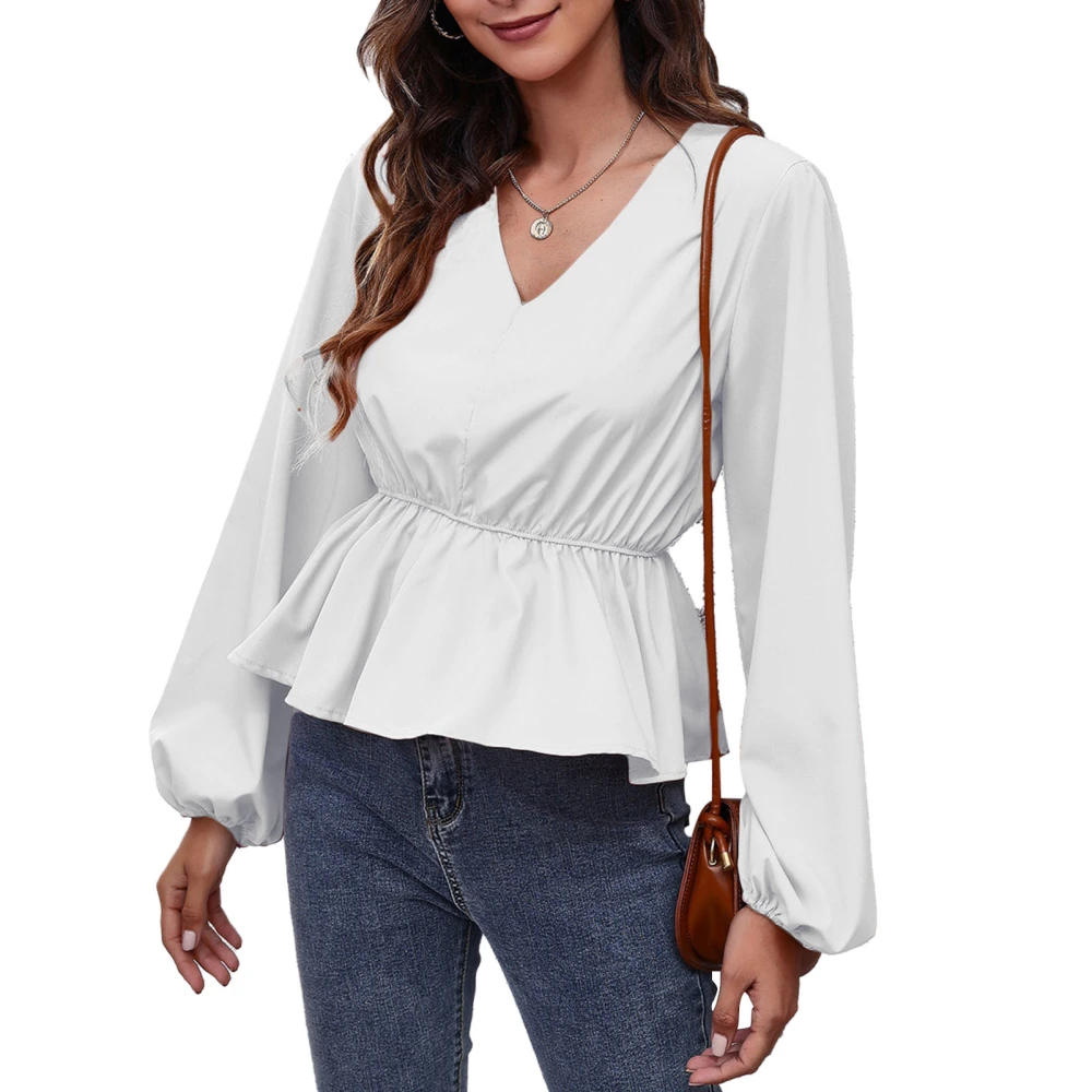 Blouse V Neck Puff Long Sleeve Waist Slimming Pure Color Fashionable Tops for Women White M