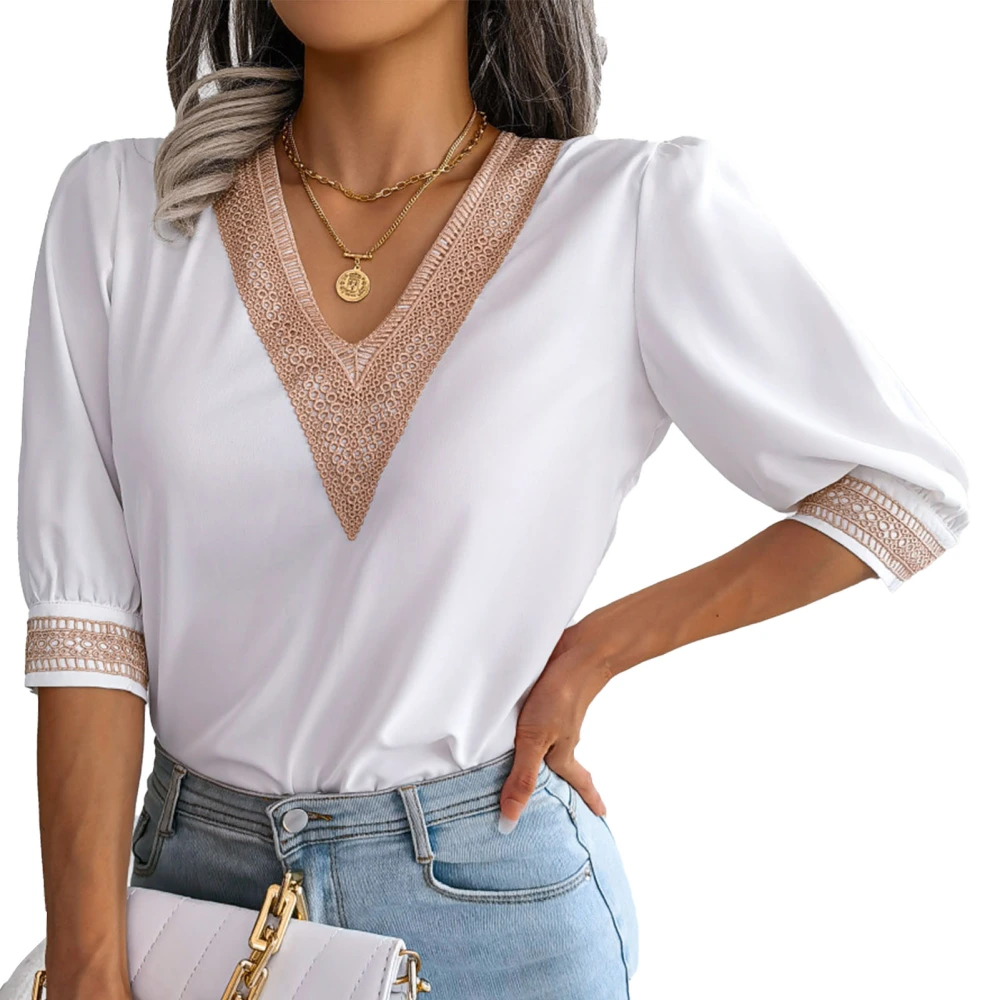 Women V Neck Chiffon Blouse Fashionable Lace Hollow Out Patchwork Spring Summer Early Fall Women Half Sleeve Shirts White XL