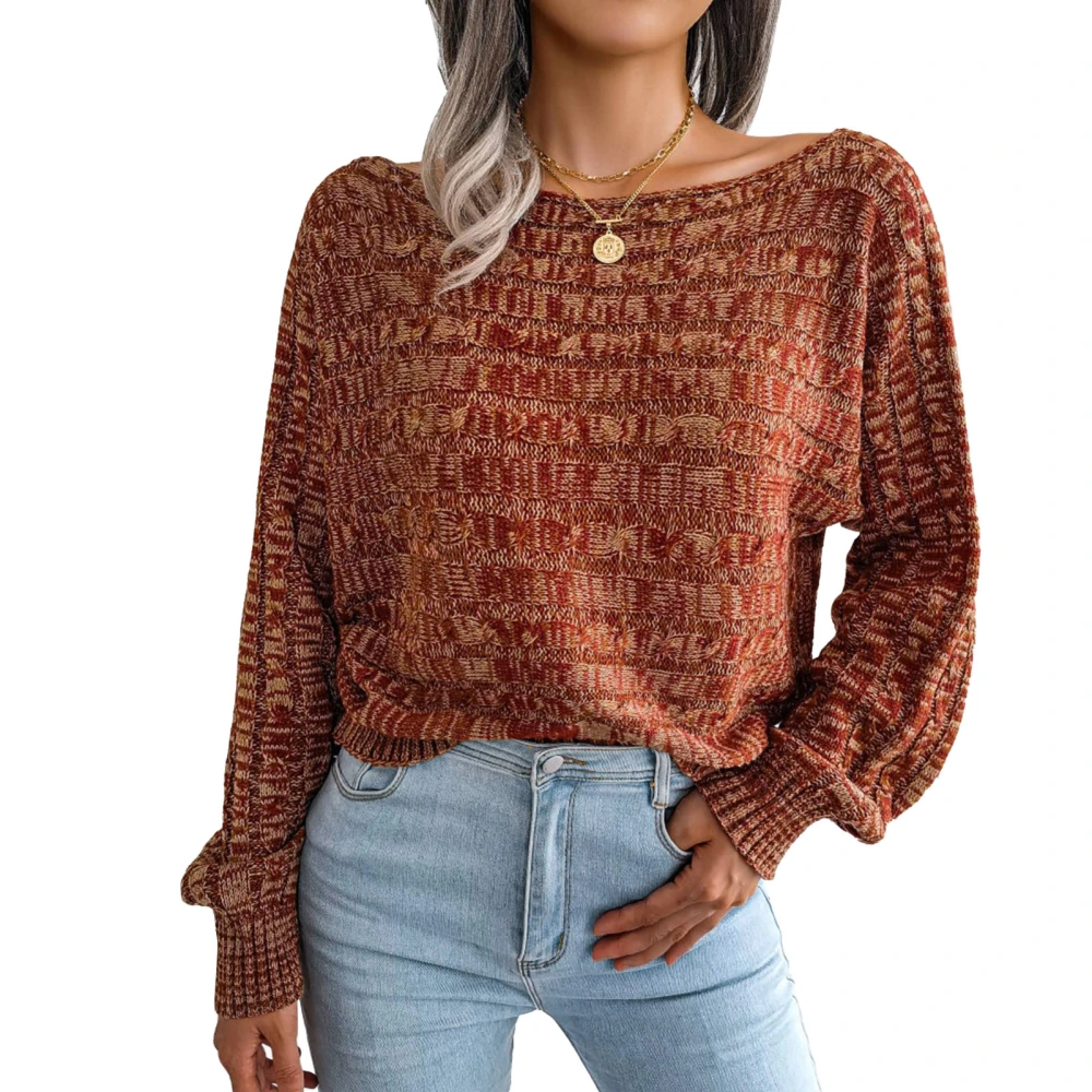 Off Shoulder Sweater Lantern Long Sleeve Round Neck Loose Fit Women Knitted Pullover Sweater for Autumn Winter Orange S