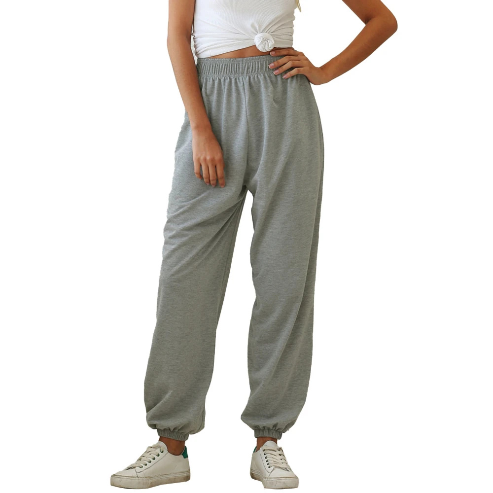 Woman Long Ankle Banded Pants Elastic Waist Pure Color Loose Casual Sporting Breathable Soft Trouser Gray M