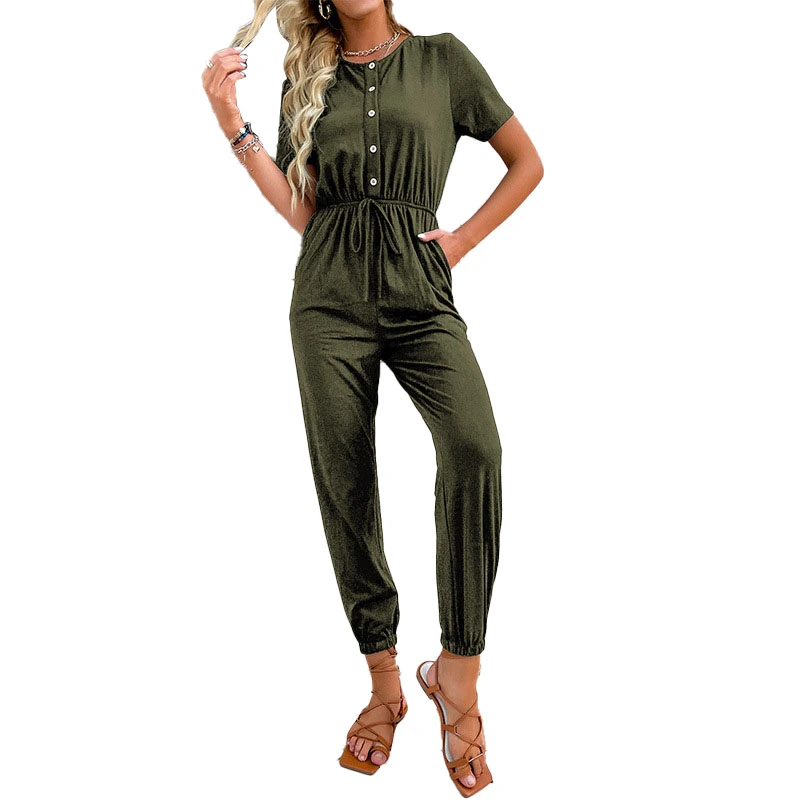 Short Sleeve Round Neck Jumpsuit Casual Long Pant Slim Fit Elastic Waist Button Belted Jumpsuit for Women OD Green M