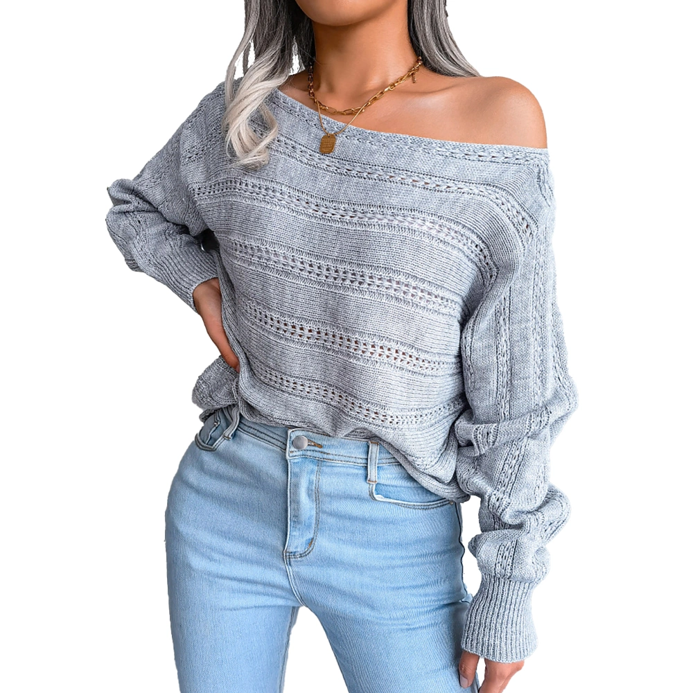 Twist Knit Off Shoulder Sweater Long Sleeve Cutout Round Neck Oversized Pullover Sweater for Dating Grey M