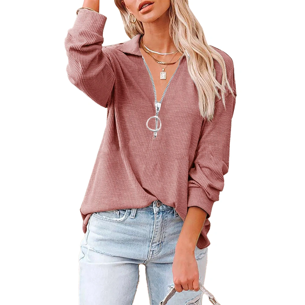 Blouse Long Sleeve V Neck Zipper Thread Pure Color Fashionable Casual T Shirt for Women Pink 3XL