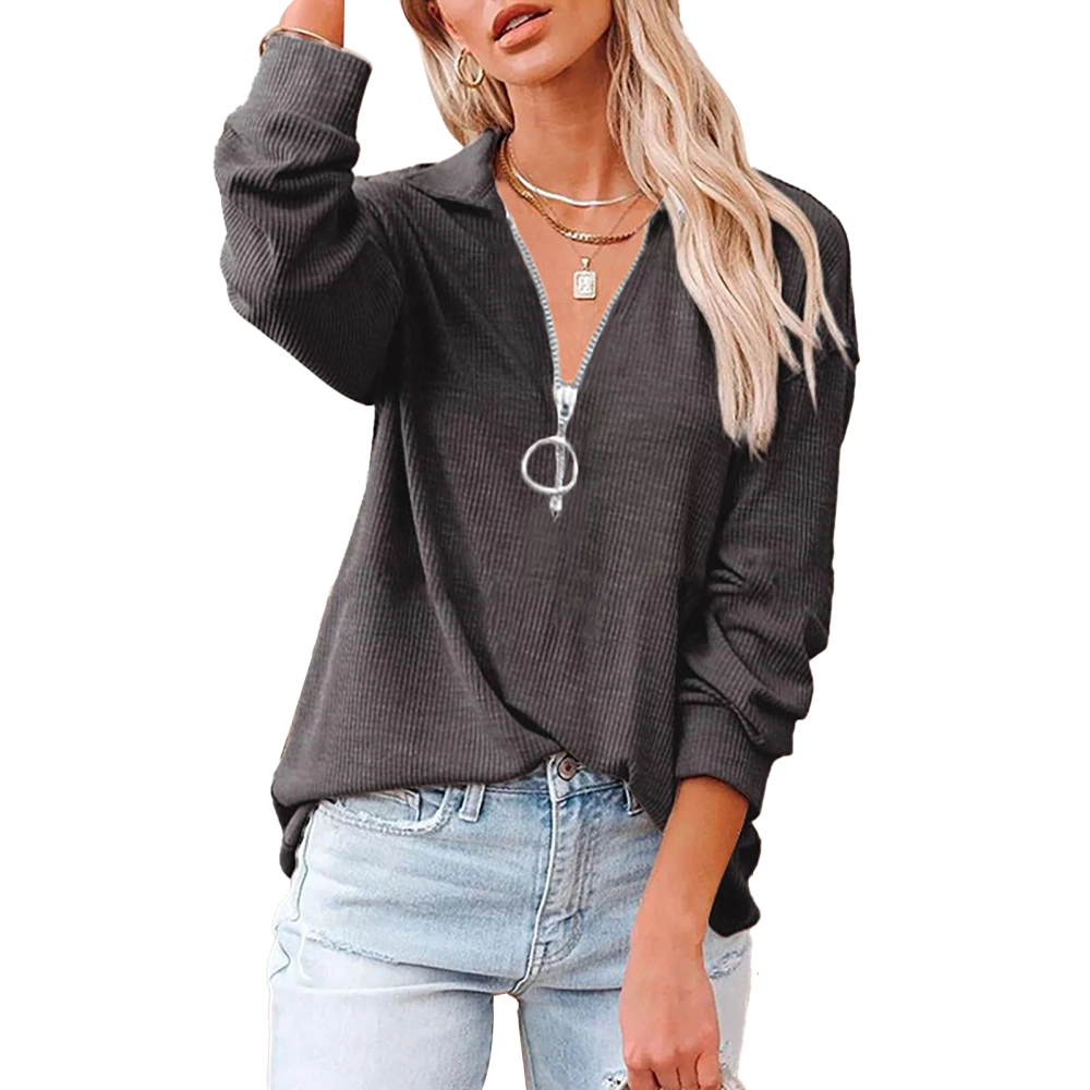 Blouse Long Sleeve V Neck Zipper Thread Pure Color Fashionable Casual T Shirt for Women Dark Gray S