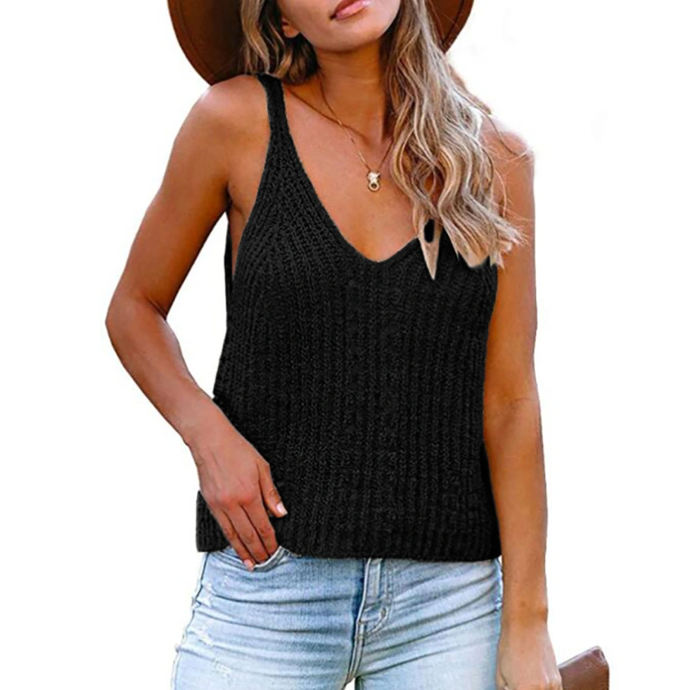 Women Pullover Shirt Sleeveless V Neck Knitted Hollow Out Breathable Pure Color Sweater for Lady Black XL