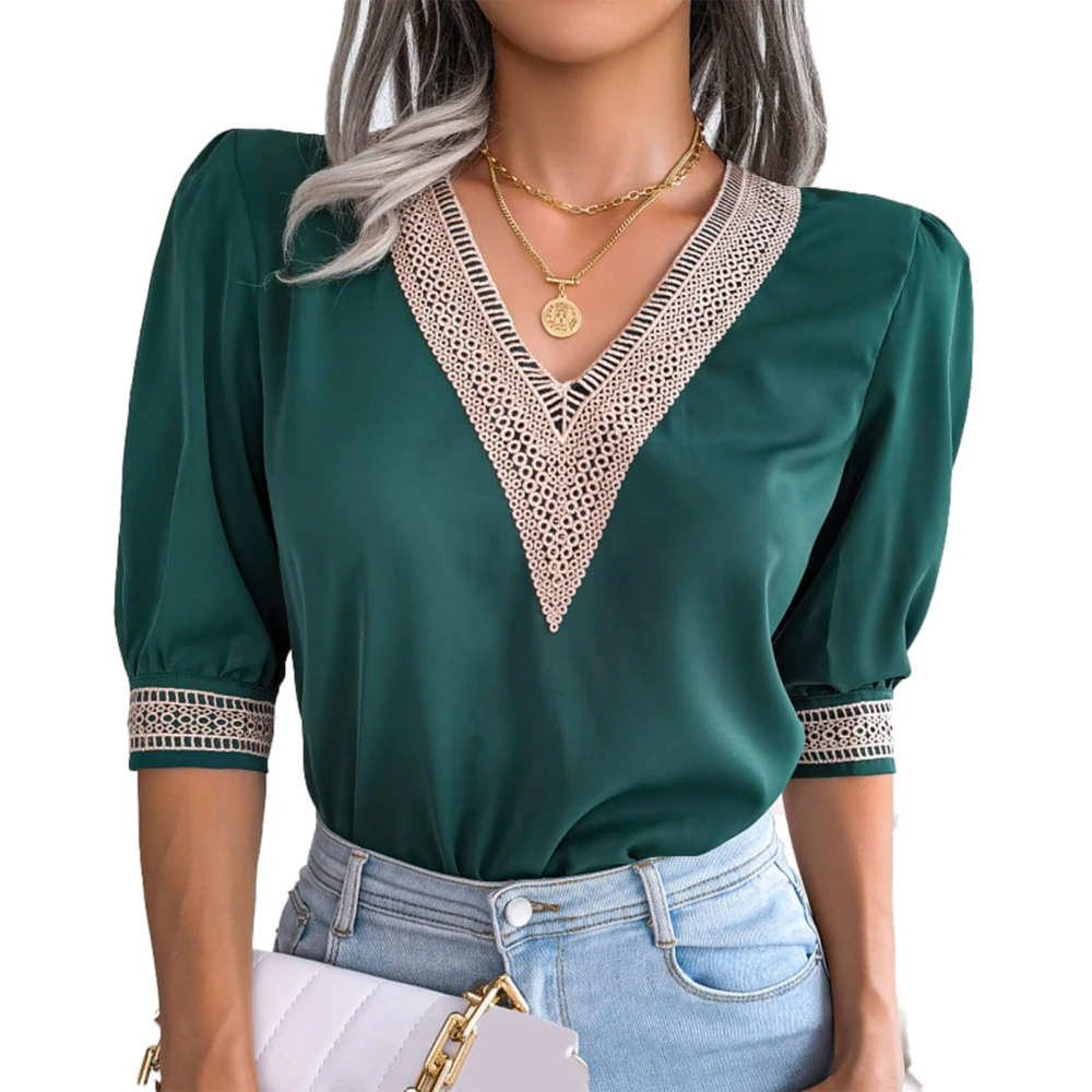 Women V Neck Chiffon Blouse Fashionable Lace Hollow Out Patchwork Spring Summer Early Fall Women Half Sleeve Shirts Green M