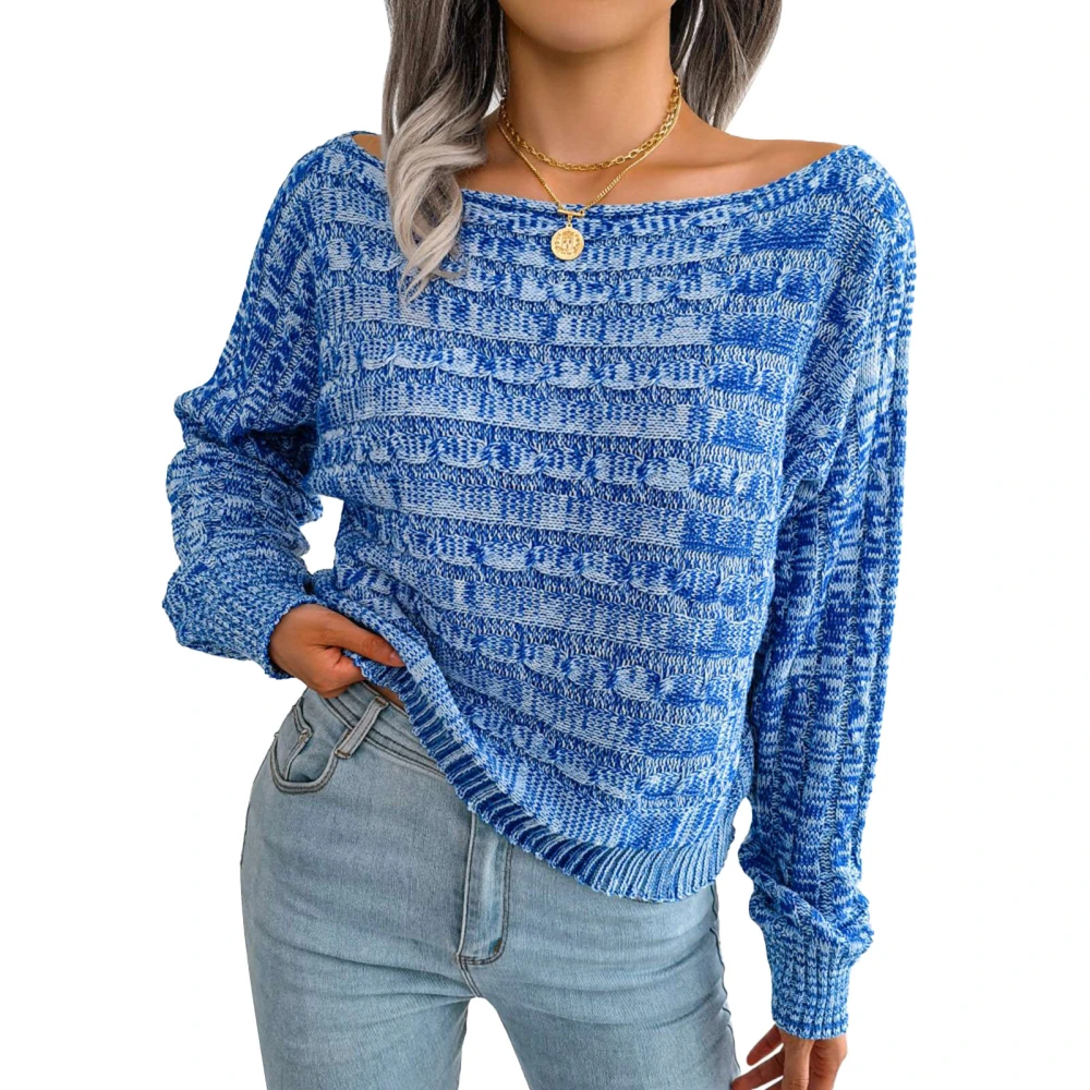 Off Shoulder Sweater Lantern Long Sleeve Round Neck Loose Fit Women Knitted Pullover Sweater for Autumn Winter Blue S