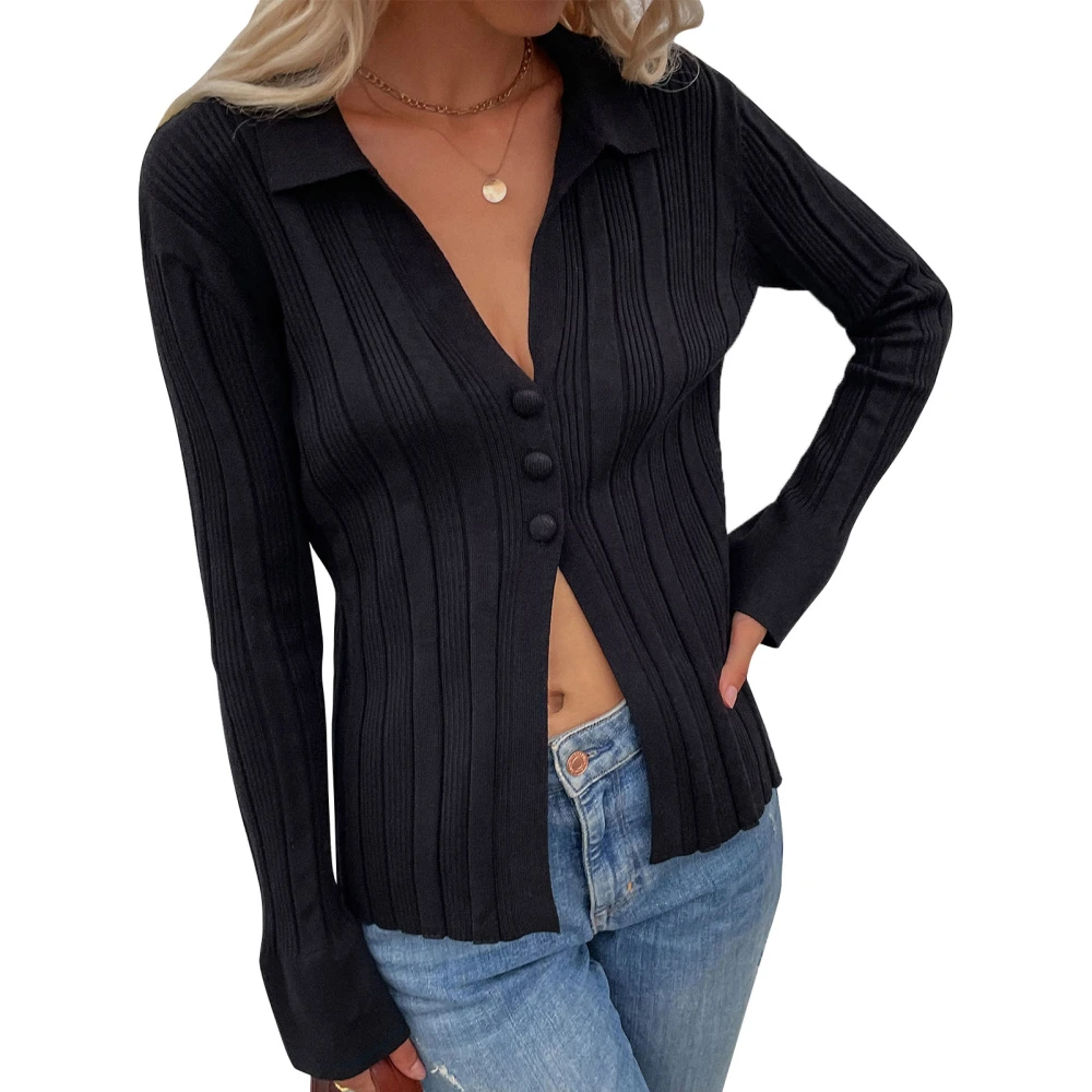 V Neck Rib Knit Cardigan Women Pure Color Long Sleeve Turn Down Collar Button Cardigan Sweater for Work Black XL