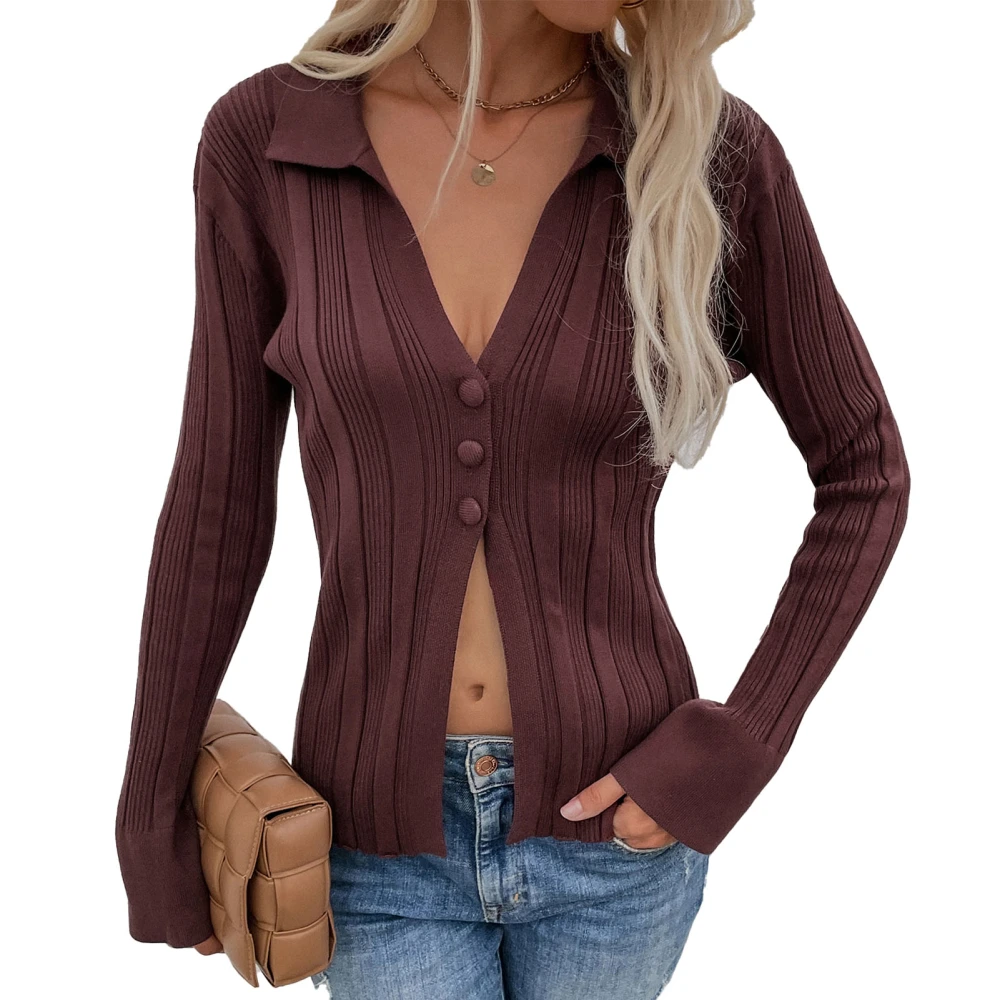 V Neck Rib Knit Cardigan Women Pure Color Long Sleeve Turn Down Collar Button Cardigan Sweater for Work Coffee XL