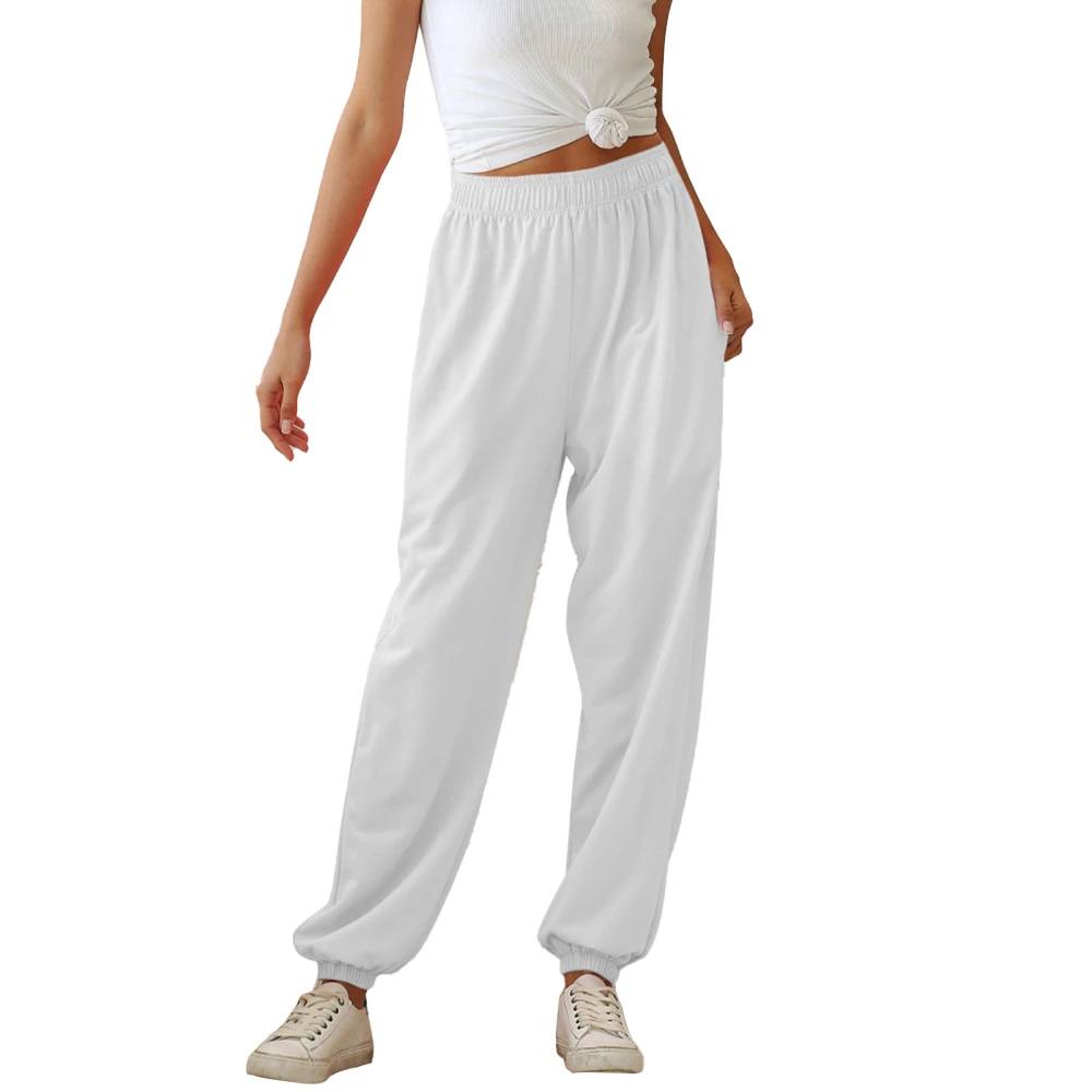 Woman Long Ankle Banded Pants Elastic Waist Pure Color Loose Casual Sporting Breathable Soft Trouser White XL